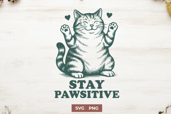 Stay Pawsitive SVG Happy Cat Quote PNG Graphics for Crafts